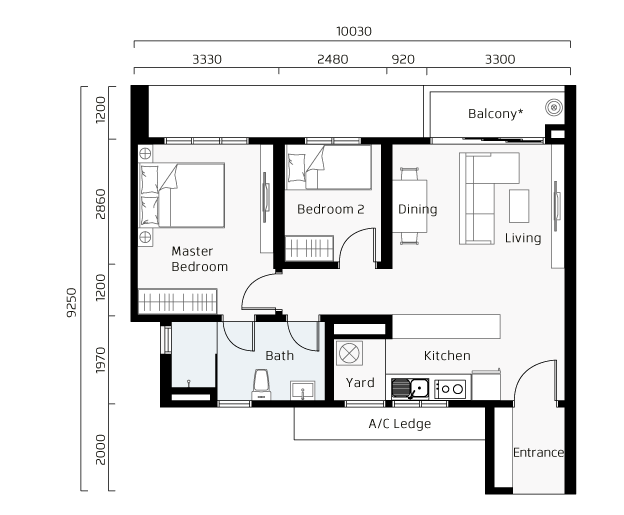 2 bedrooms and 2 bathrooms