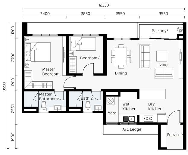 2 rooms and 2 baths