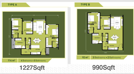 3 or 4 rooms, 990 sq. ft. or 1,227 sq. ft.