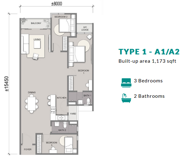 1173 sq ft : 3 bedooms