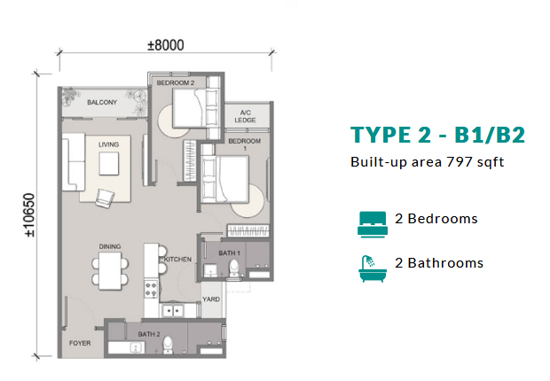 797 sq ft : 2 bedooms