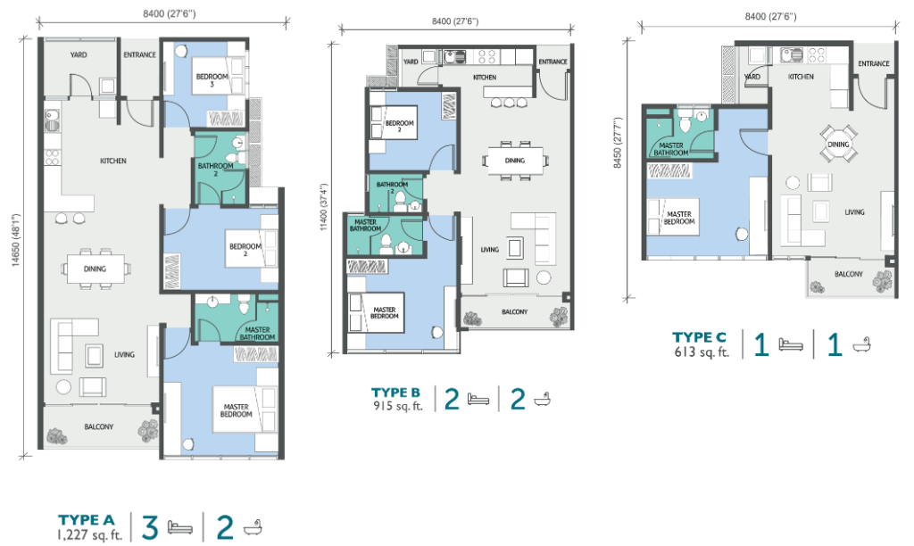 1 bedroom, 2 bedroom, 3 bedroom serviced apartment unit