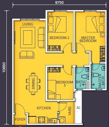 870 sq. ft. 3 rooms, 2 baths