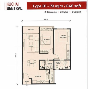 2 bedrooms, 848 sq ft