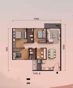 1,000 sq ft unit with 3+1 rooms, 2 baths
