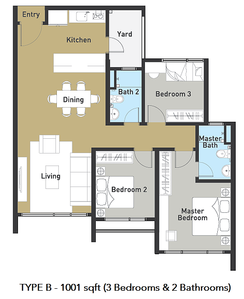 3 bedrooms & 2 bathrooms Suite - 1,001 sq ft built-up area