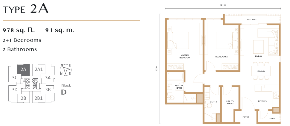 2 bedrooms layout, built up 974 sq ft