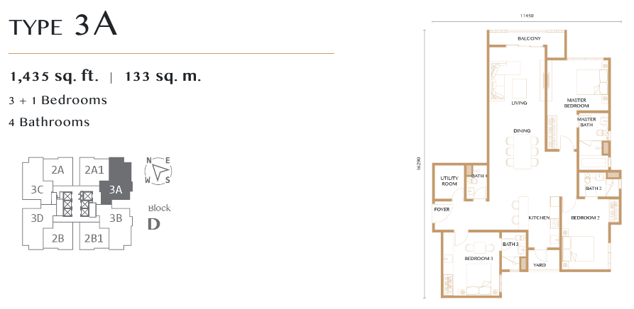 3 rooms layout, built up 1,435 sq ft 