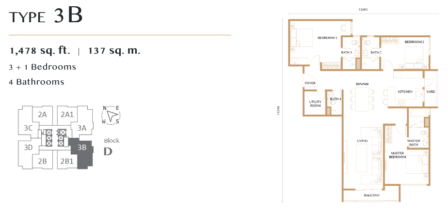 3 bedrooms layout, built up  1,478 sq ft 