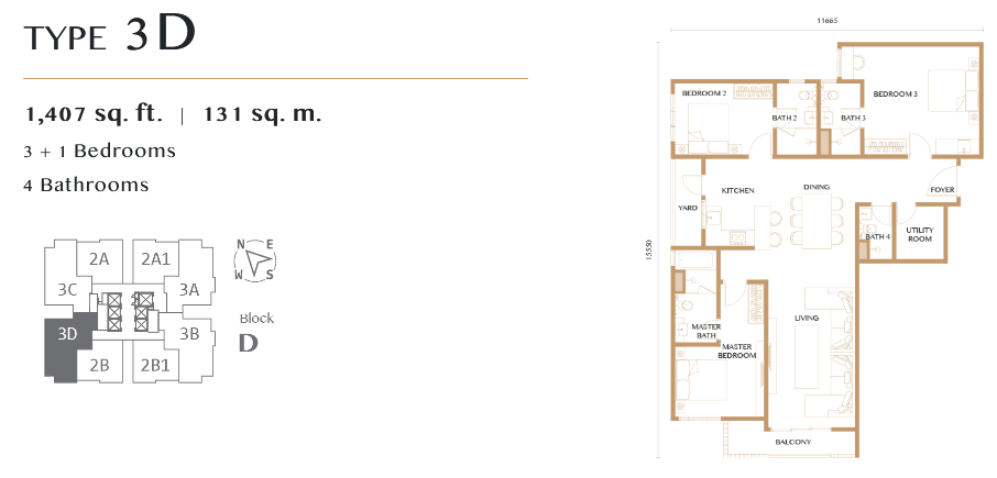 3 bedrooms layout, built up 1,407 sq ft