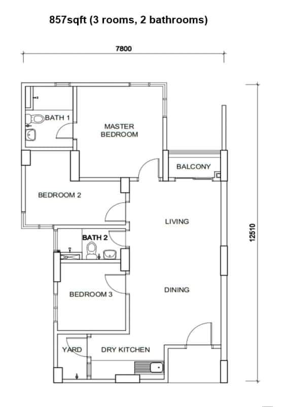 3 bedrooms condo, built up 857 sq ft 