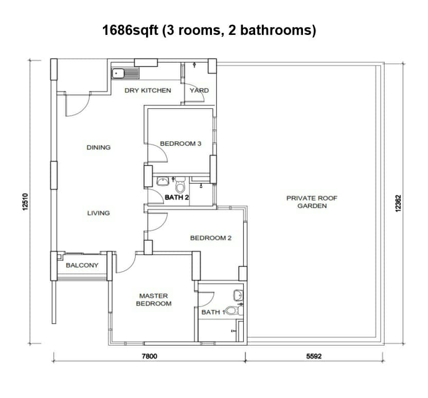 3 bedroom, 2 bathrooms condo, 1,686 sq ft with private roof garden 