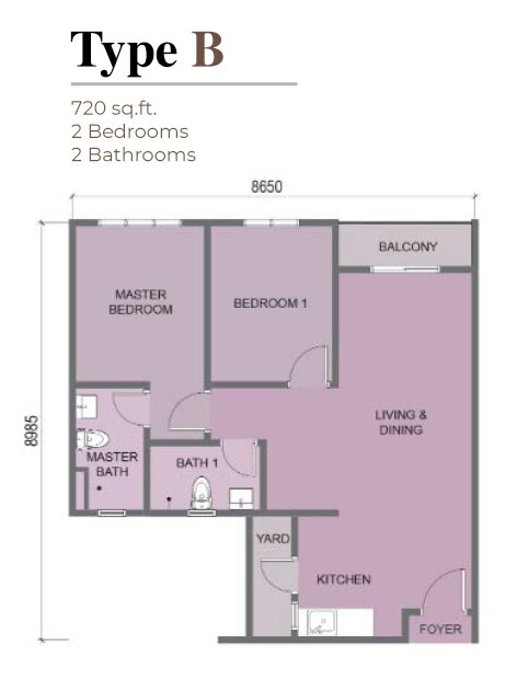 2 bedroom layout, built up 720 sq ft 