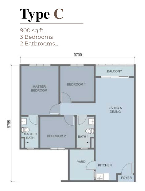 3 bedroom, 2 bathroom layout, built up 900 sq ft 