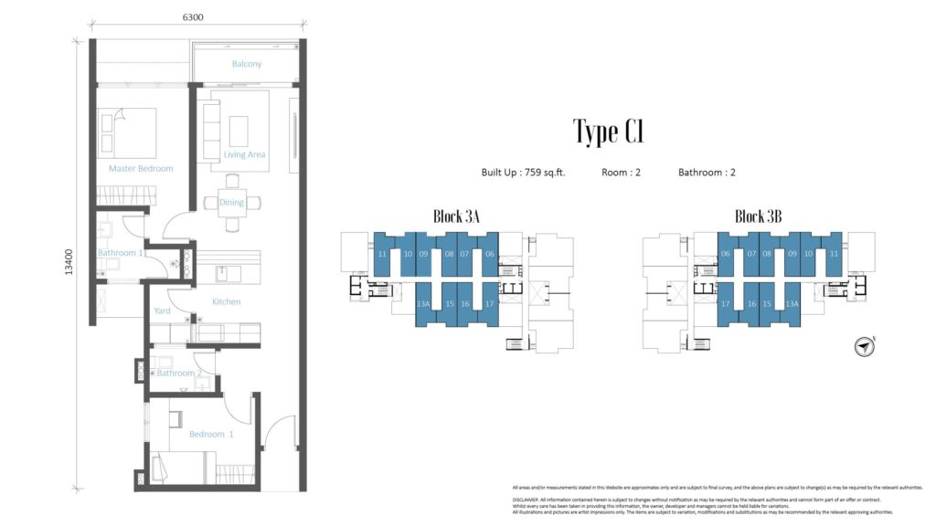 2 bedroom condo, built up 759 sq ft 