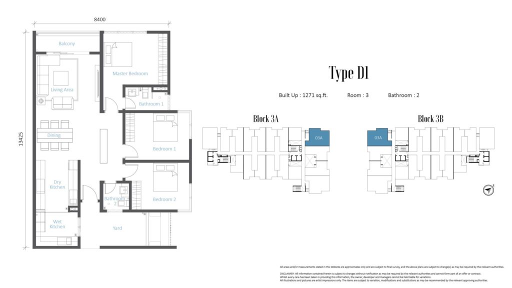 3 bedroom condo, built up 1,271 sq ft 