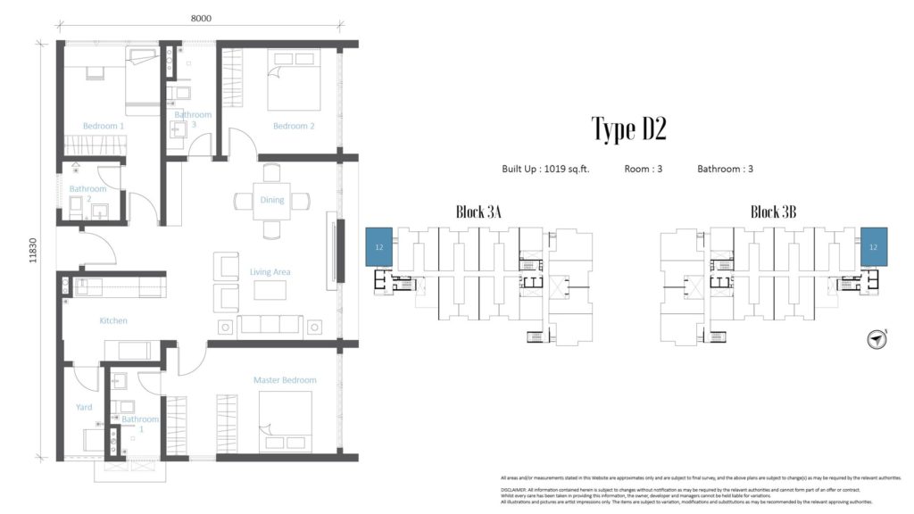 3 bedroom condo, built up 1,019 sq ft 