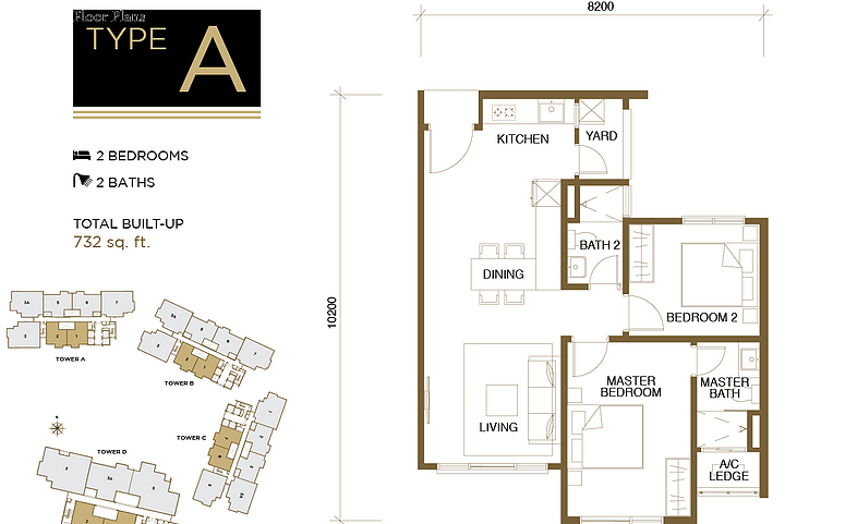 2 bedroom condo, built up 732 sq ft 