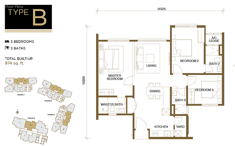 3 bedroom condo, built up 974 sq ft 