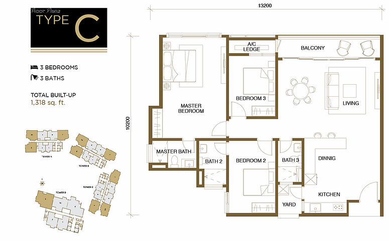 3 bedrooms condo, built up 1,318 sq ft 