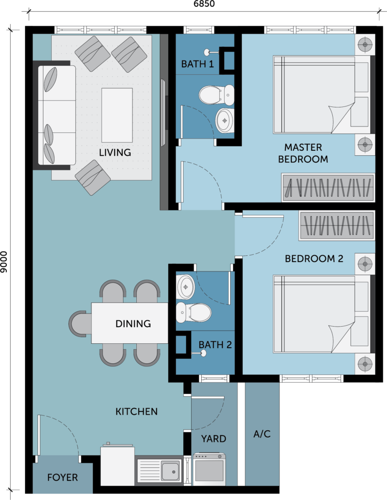 2 bedrooms condo - 600 sq ft