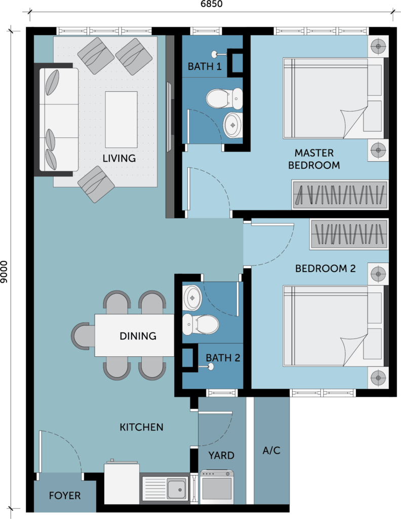 2 bedrooms condo - 600 sq ft