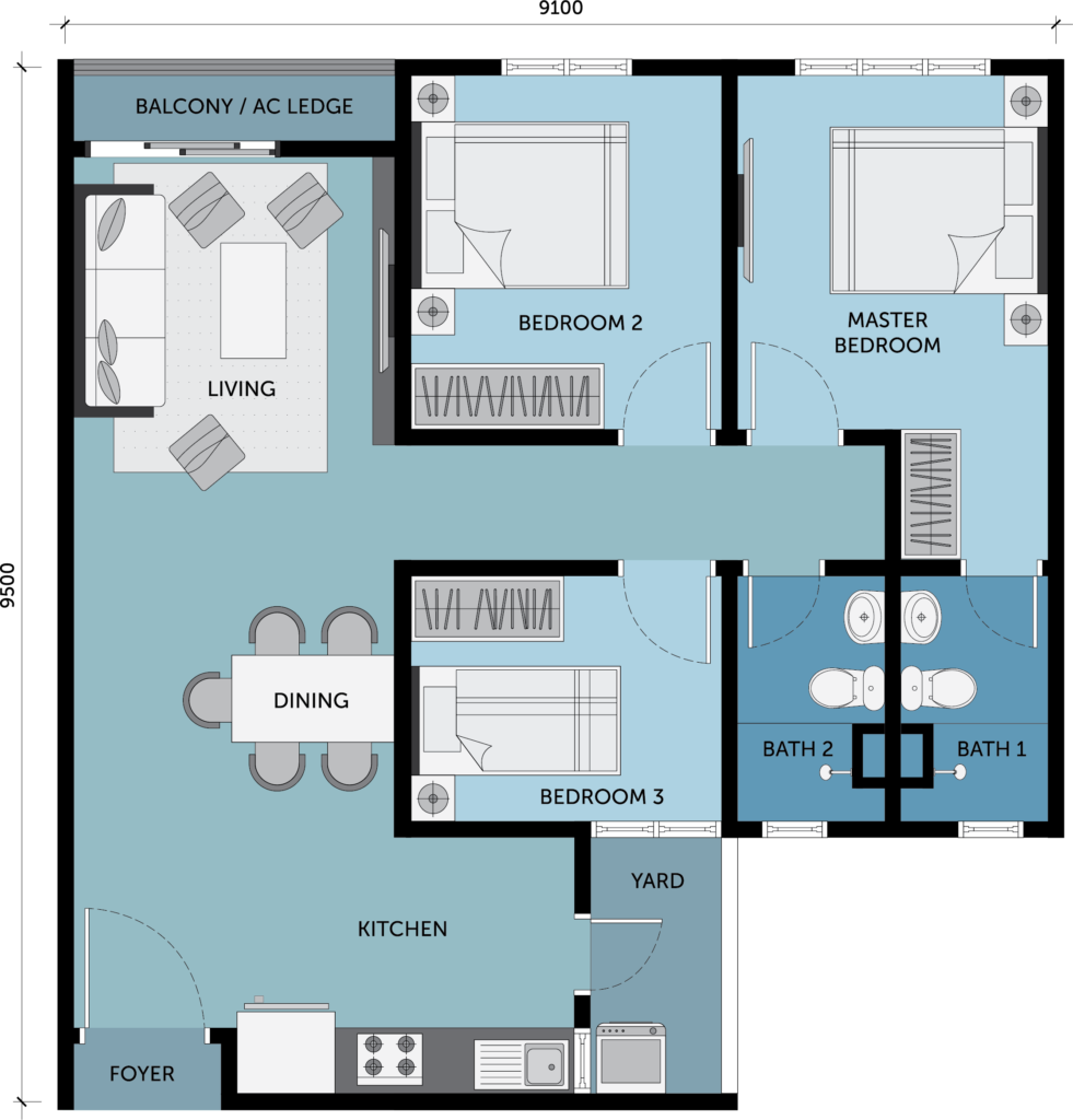 3 bedroom- 850 sq ft  condo