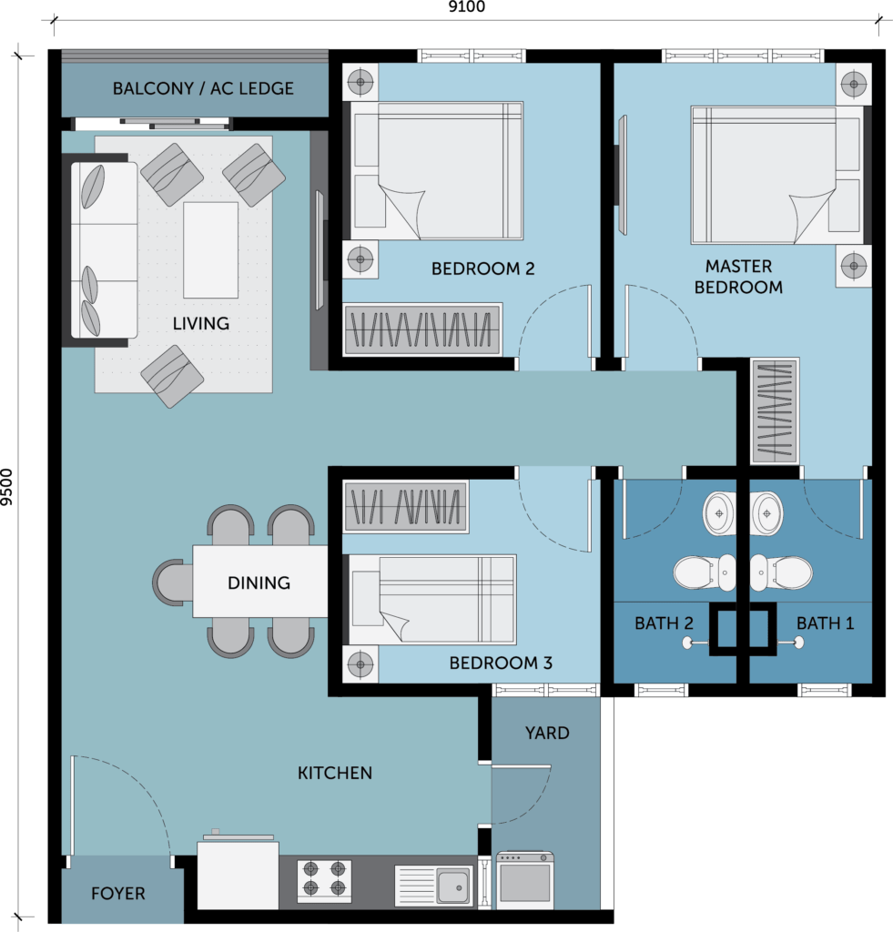 3 bedroom- 850 sq ft  condo