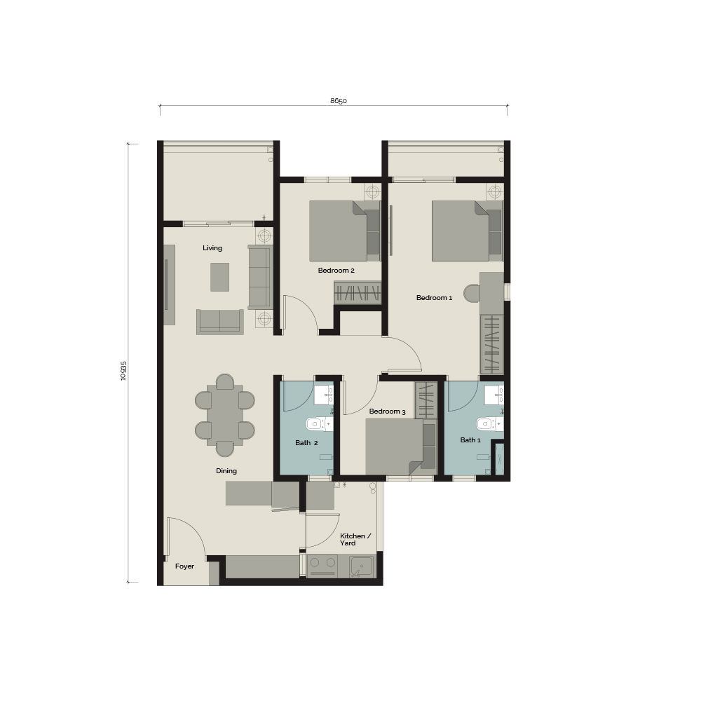 904 sq ft - 3 room condo