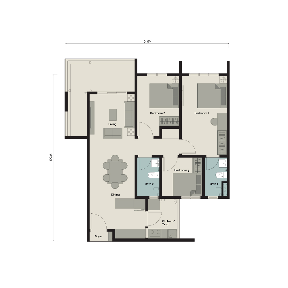 931 sq ft - 3 room condo