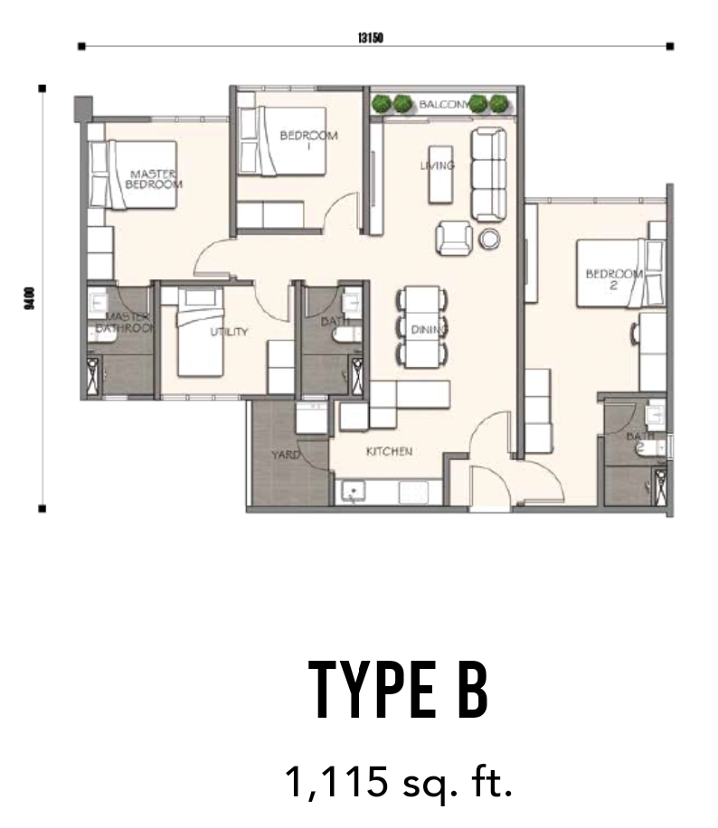 4 bedrooms condo of 1,115 sq ft floor area