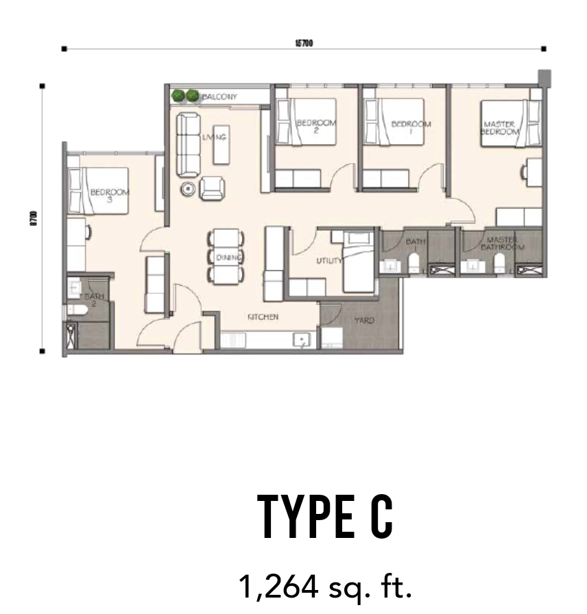 5 rooms condominium with built-up 1,264 sq ft
