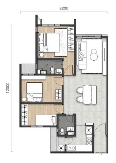 Myara Park serviced apartment with 3 bedrooms layout.