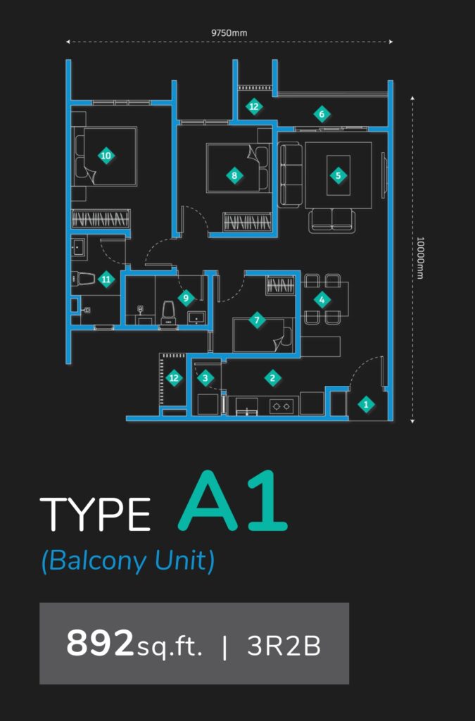 3 bedrooms, 2 bathrooms - 892 sq ft built up unit