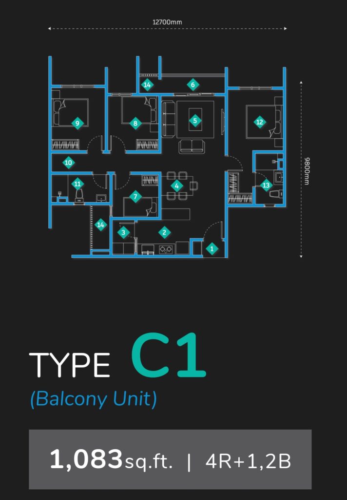 4 bedrooms, 2 bathrooms - 1,083 sq ft built up apartment 