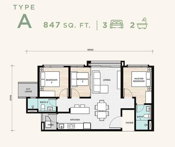 3 rooms, 2 baths - 847 sq ft built up 