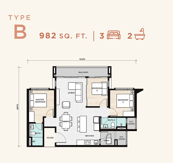 3 rooms, 2 baths - 982 sq ft built up 