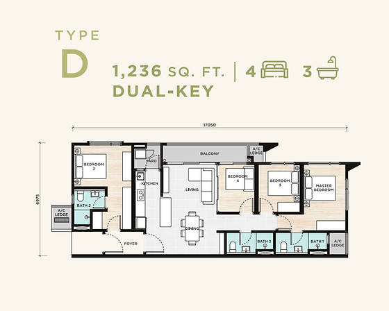 4 rooms, 3 baths - 1,236 sq ft built up dual key unit