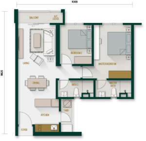 Unit layout: 2 rooms & 2 baths ; Unit size : 775 sq ft
