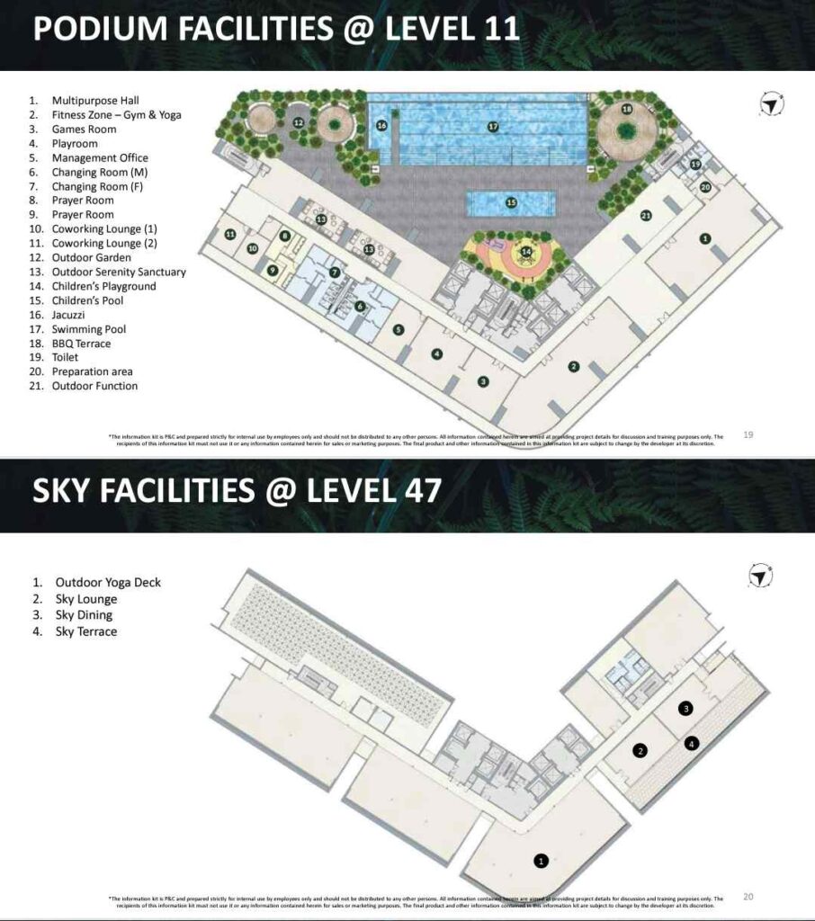 Park Green Pavilion lifestyle facilities at Level 11 (Podium) and Level 47 (Rooftop)