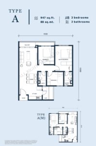 Unit Built-up : 947 sq ft ; Unit Layout : 3 rooms & 2 baths