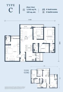 Unit Built-up : 1,313 sq ft ; Unit Layout : 4 rooms & 3 baths (Dual key)