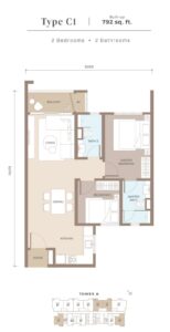 Unit Layout : 2 rooms & 2 baths ; Unit Built-up : 792 sq ft