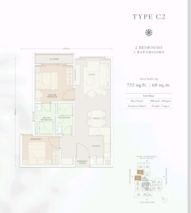 Total built-up : 732 sq ft. Unit layout: 2 bedrooms, 2 bathrooms