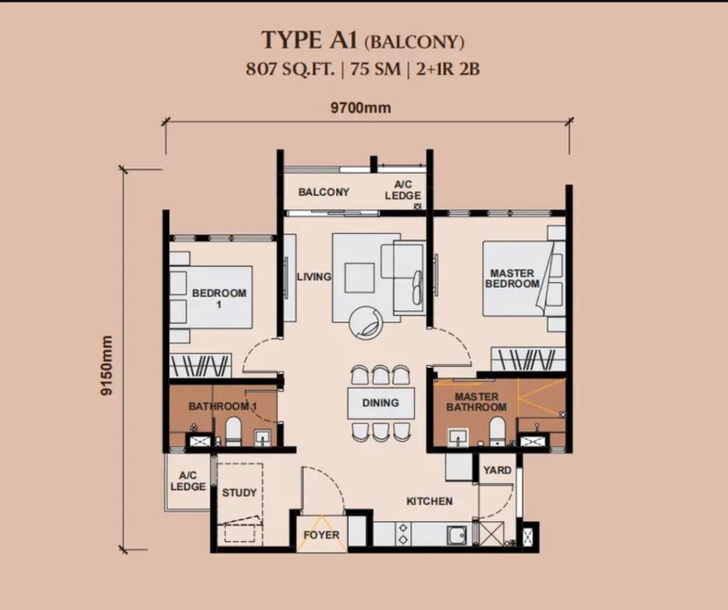 Queenswoodz Residence Floor Plan - 807 sq ft , 2+1 rooms, 2 baths