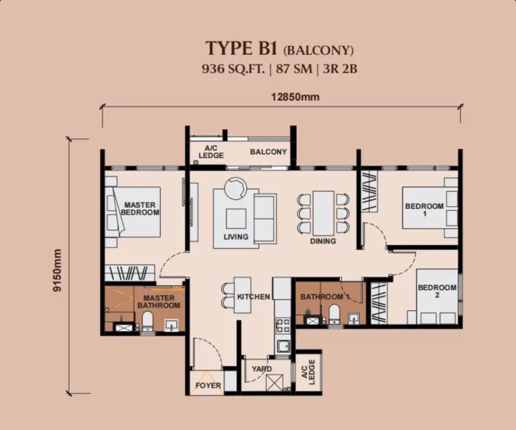 Queenswoodz Residence Floor Plan - 936 sq ft, 3 rooms, 2 baths