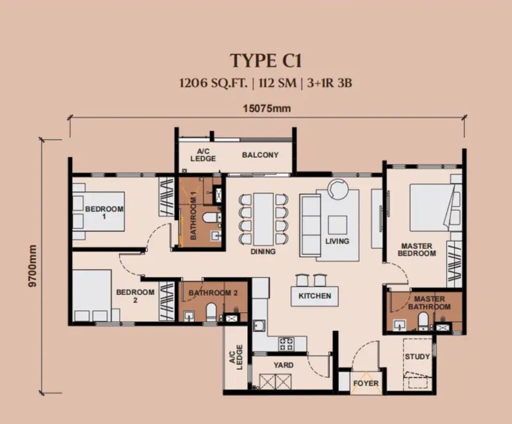 Queenswoodz Residence Floor Plan - 1,206 sq ft, 3+1 rooms, 3 baths