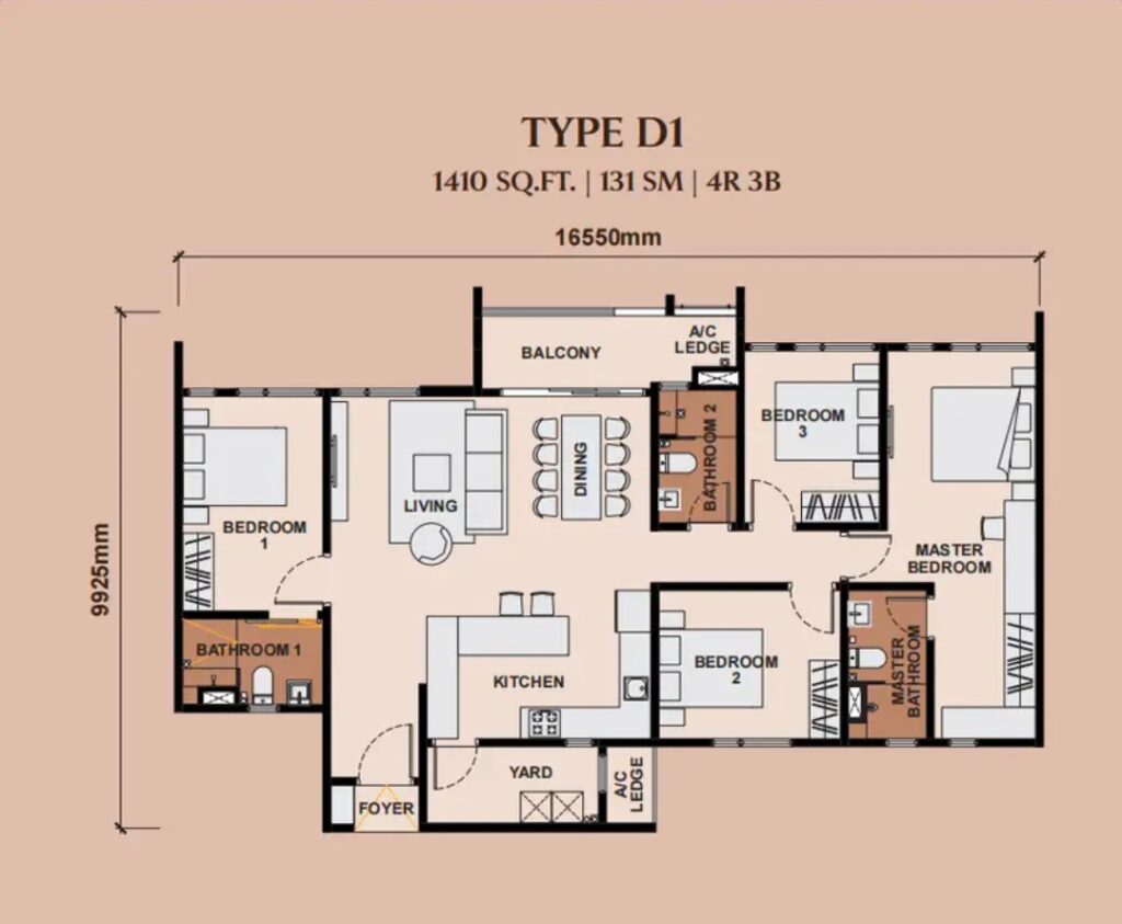 Queenswoodz Residence Floor Plan - 1,401 sq ft, 4 rooms, 3 baths