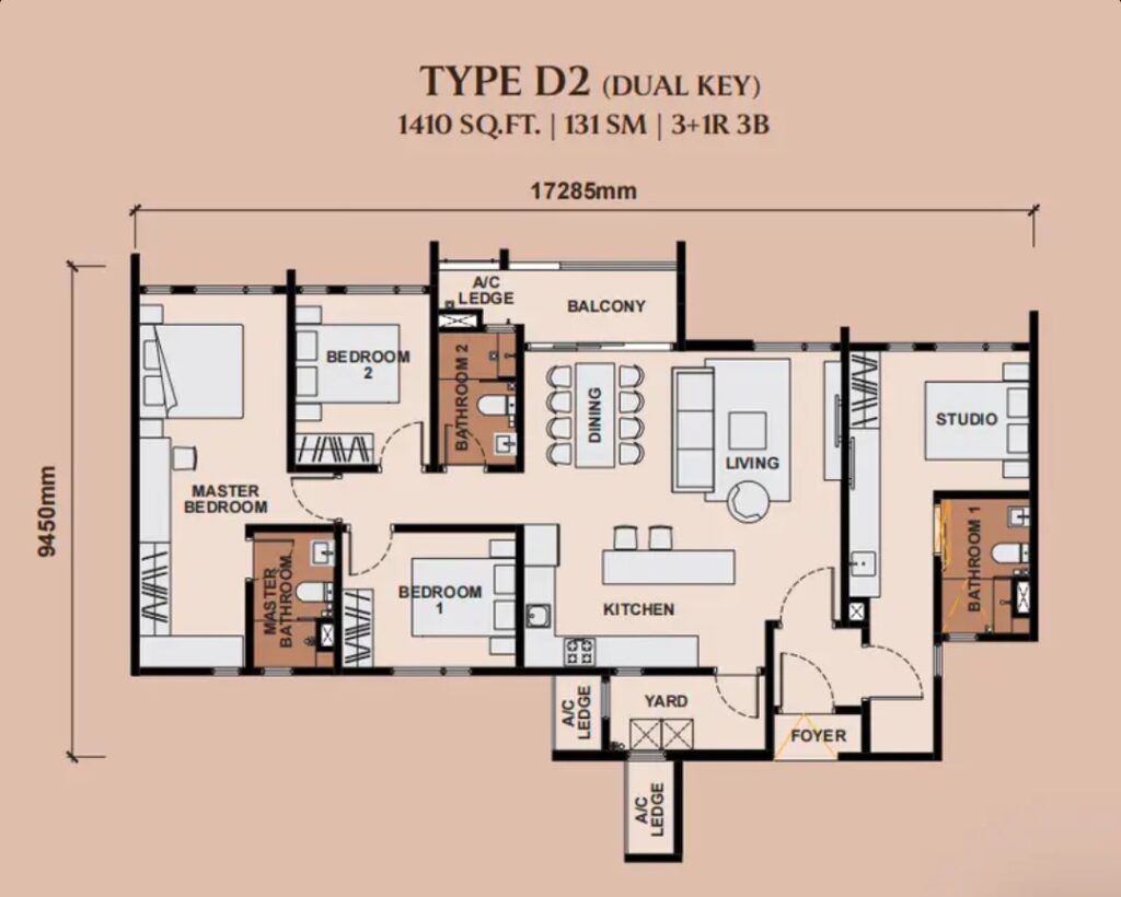 Queenswoodz Residence Floor Plan - Dual key, 1,401 sq ft, 4 rooms, 3 baths