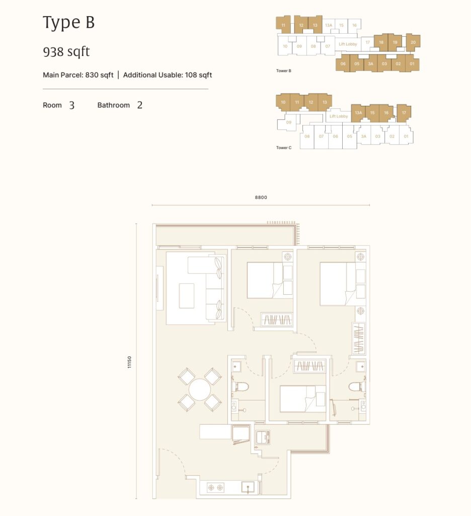Built-up area 938 sqft in layout of 3 bedrooms and 2 bathrooms 